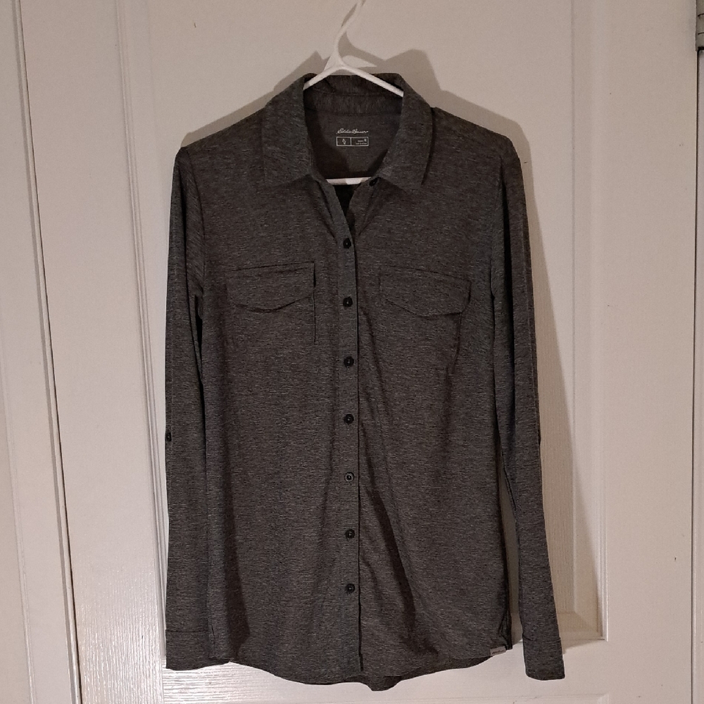 131 - Eddie Bauer Heather  Gray Stretch Button Down